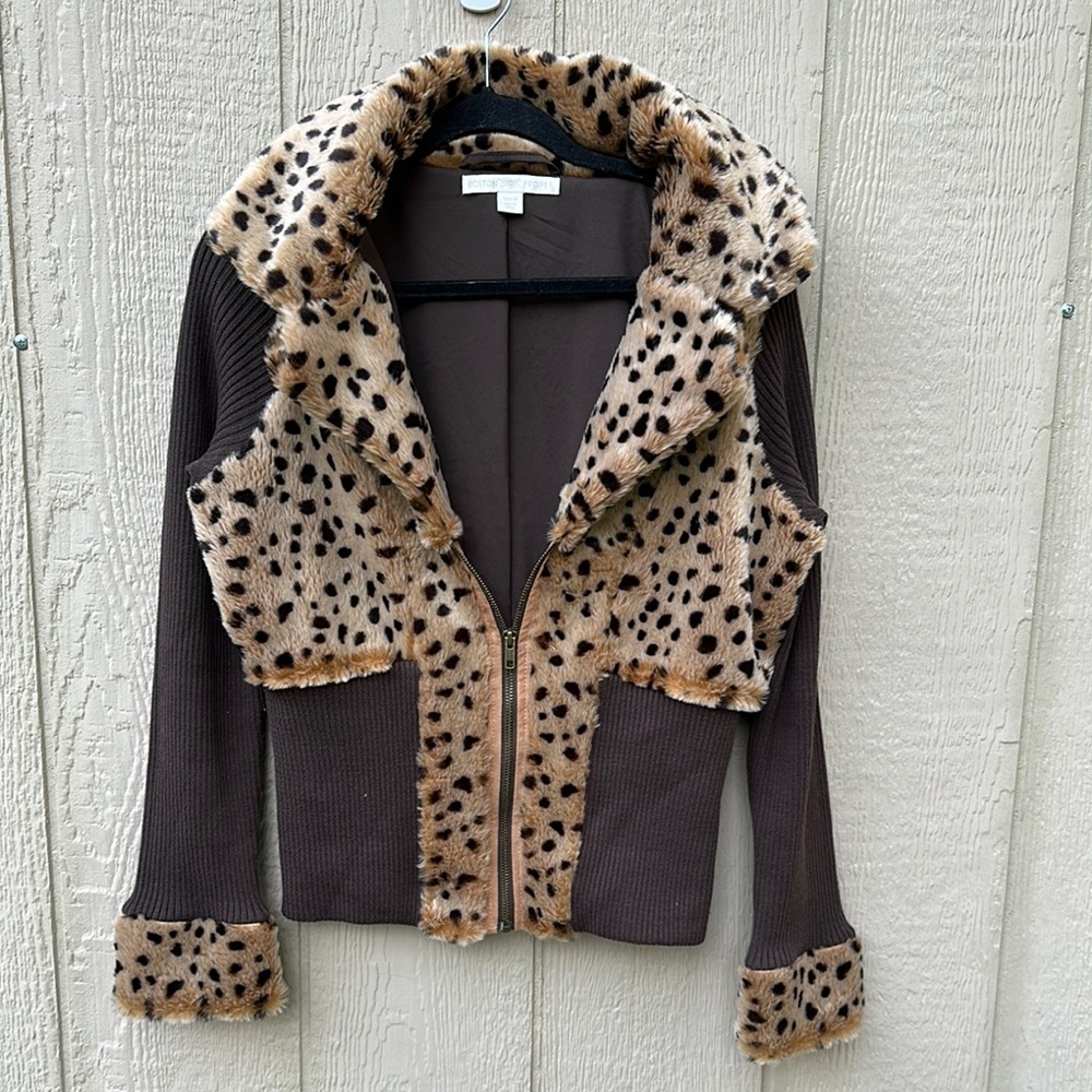 Boston Proper Brown Knit Jacket with Leopard Print Faux Fur Trim